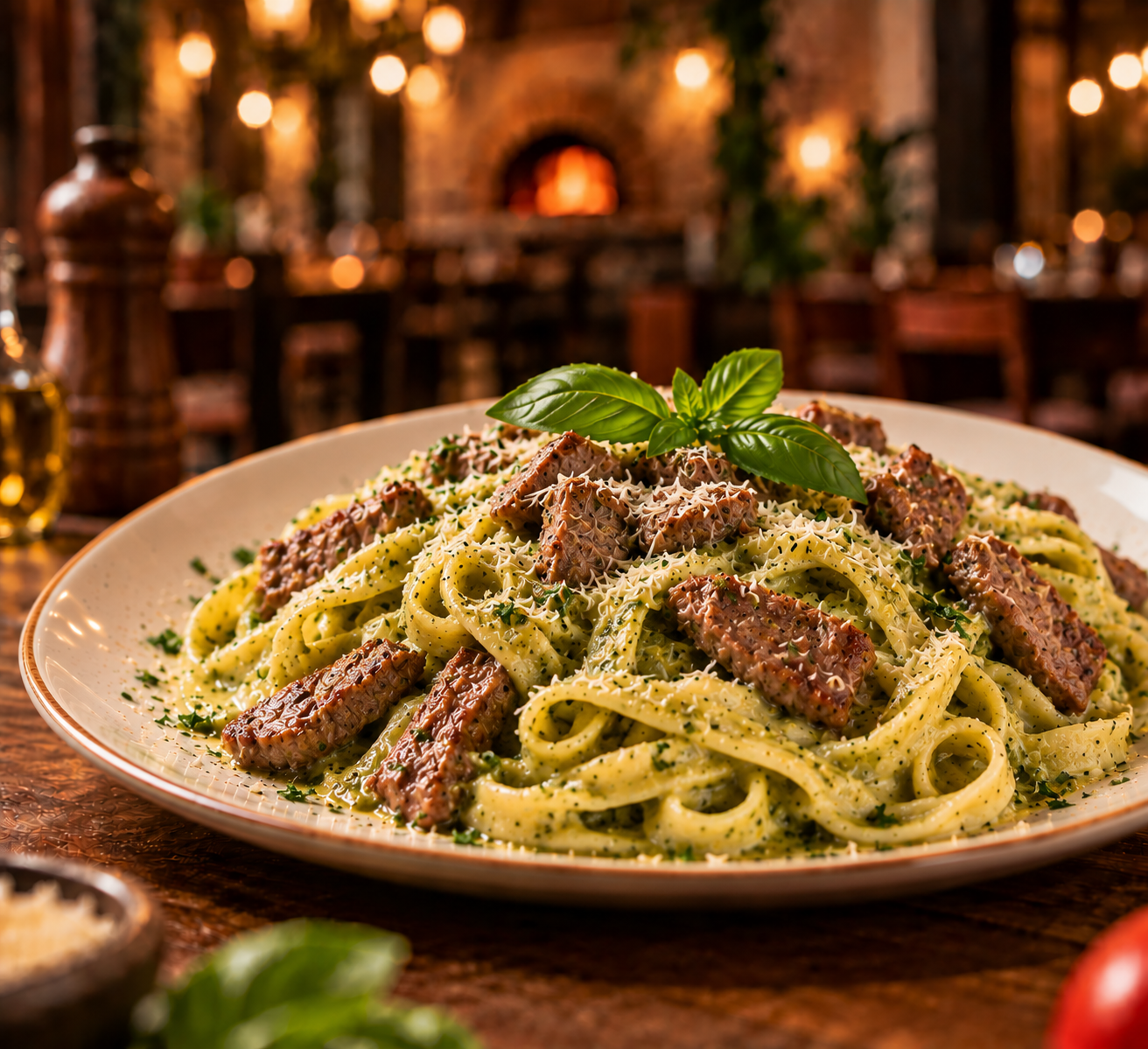 Fetuccini al Pesto + Lomo Fino